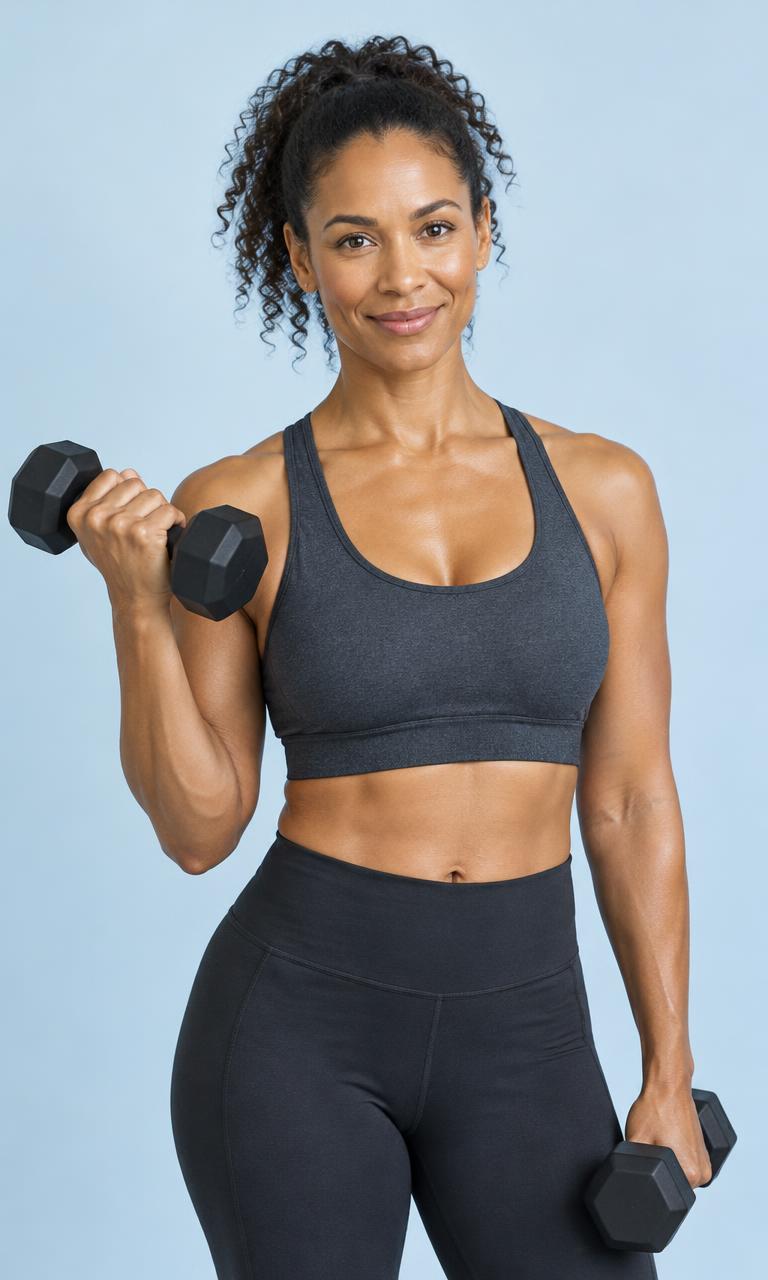 Athletic adult woman holding a dumbbell